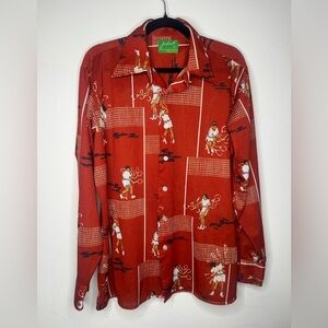 Vtg 70s Joe Namath by Arrow Men's Rockabilly Disco Tennis Print Shirt Large Red